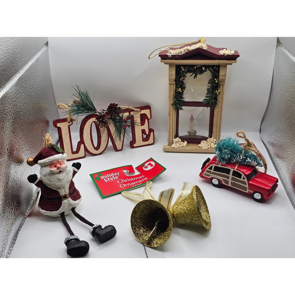 Holiday Style Christmas Ornament Set Santa Lantern Love Sign Gold Bells Red Car
